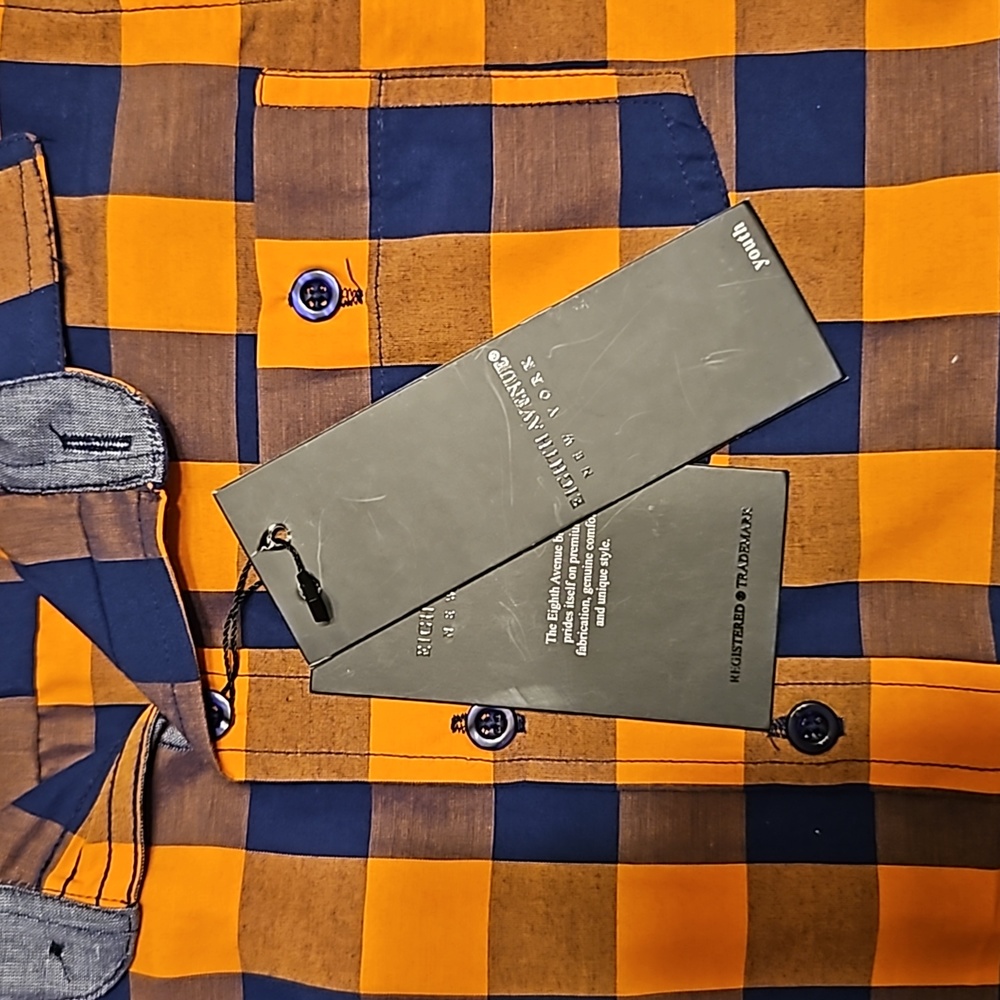 NWT Boys Navy Blue and Orange Check Button up collared short. Size 10/12. - Picture 3 of 6